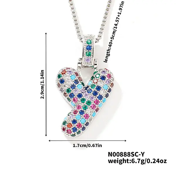 Brass Pave Colorful Cubic Zirconia Letter Pendant Box Chain Necklaces