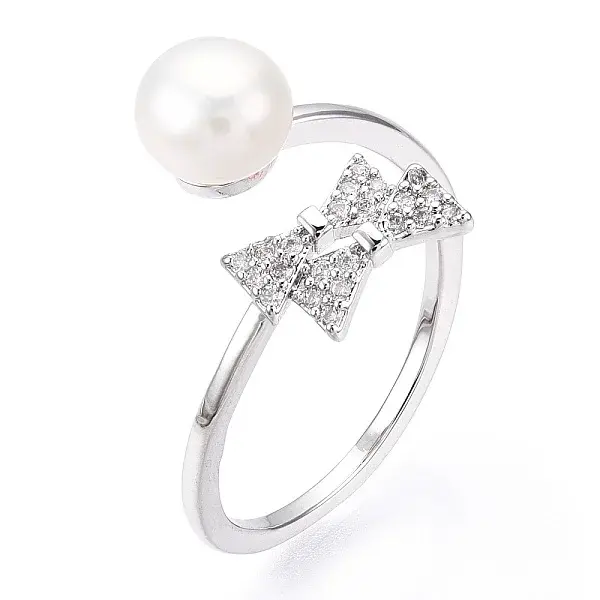 Natural Pearl Finger Open Cuff  Ring Micro Pave Clear Cubic Zirconia