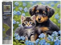 Kočička a pejsek v pomněnkách 30 x 40 cm (Diamantový obrázek)
