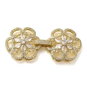 Rack Plating Flower Brass Micro Pave Clear Cubic Zirconia Fold Over Clasps