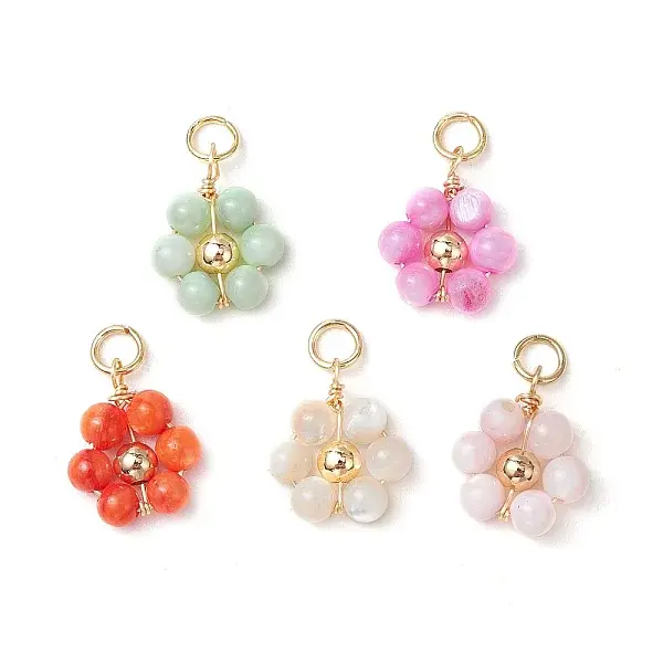 Dyed Natural Shell & Brass Round Beaded Flower Pendants