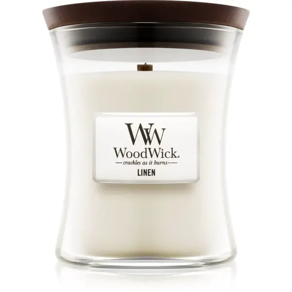 Woodwick Linen vonná svíčka s dřevěným knotem 275 g