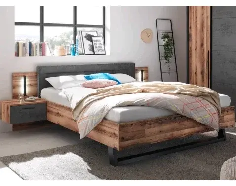 Posteľ s nočnými stolíkmi Sarnia 180x200 cm, zrubová doska/tmavý betón%