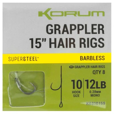 Korum návazec grappler 15” hair rigs barbless 38 cm - velikost háčku 10 průměr 0,28 mm nosnost 12 lb