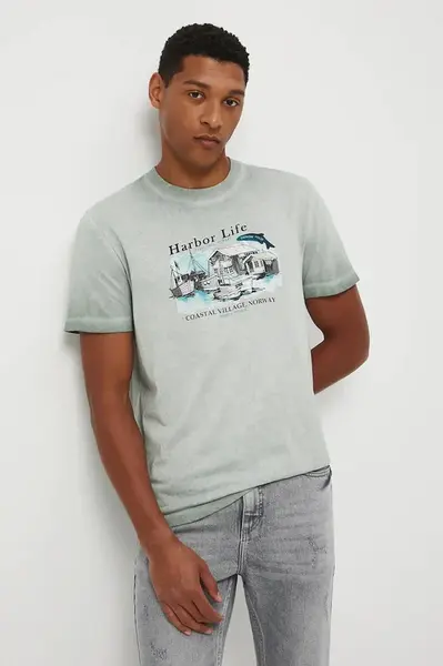 Bavlněné tričko Medicine pánské, tyrkysová barva, s potiskem