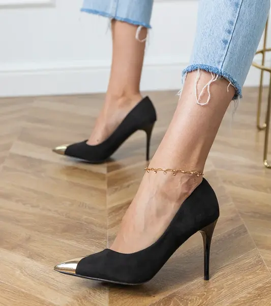 marka niezdefiniowana Black eco-suede pumps with metallic toe Elaza
