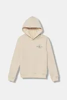 Dětská bavlněná mikina Calvin Klein Jeans béžová barva, s kapucí, s potiskem, IU0IU00266