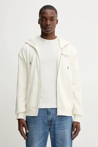 Bavlněná mikina Guess Jeans pánská, béžová barva, s kapucí, s potiskem, M5YQ15 KCPR1