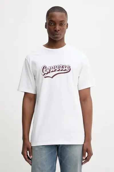 Bavlněné tričko Converse pánské, bílá barva, s potiskem, 10027994-A06