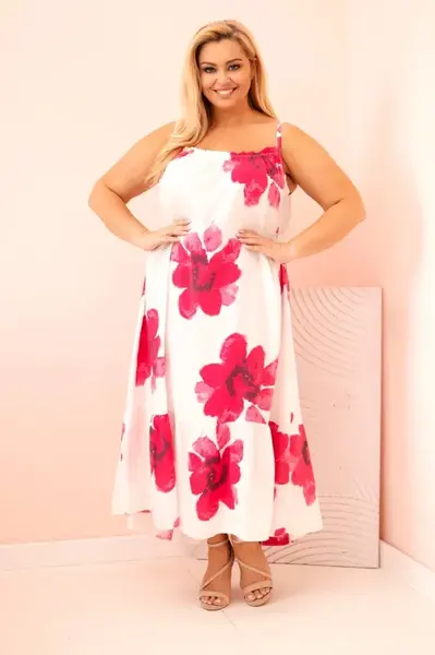 Kesi Włoski Dámské šaty na ramínka s volánem a květinovým potiskem růžová