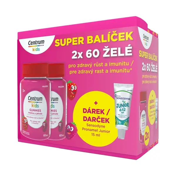 CENTRUM Kids gummies malina a jahoda 2 x 60 želé + DÁREK pasta 15 ml