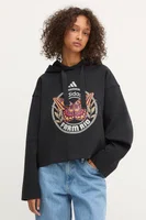 Mikina adidas x Farm Rio dámská, černá barva, s kapucí, vzorovaná, JL8607