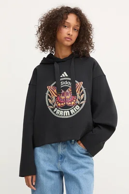 Mikina adidas x Farm Rio dámská, černá barva, s kapucí, vzorovaná, JL8607