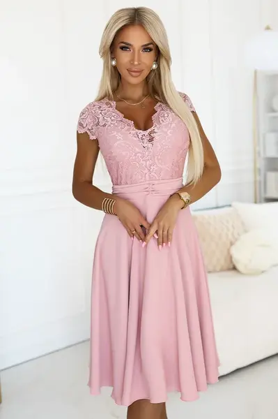 381-6 LINDA - chiffon dress with lace neckline - dirty pink
