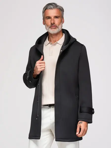 Ombre Men's minimalist medium length coat with hood - black
