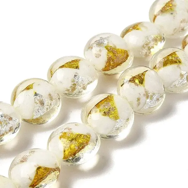 Handmade Gold Foil and Silver Foil Lampwork Flat Round Beads