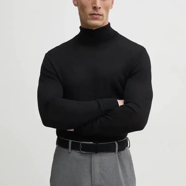 Vlněný svetr Karl Lagerfeld pánský, černá barva, lehký, s golfem, 551309.655094