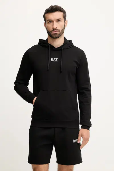 Bavlněná mikina EA7 Emporio Armani pánská, černá barva, s kapucí, s potiskem, 8NPM32.PJVRZ