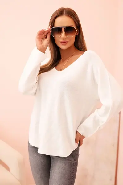 Kesi Włoski Dámsky sveter z viskózy s výstrihom do V biely