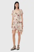 Šaty s příměsí hedvábí AllSaints DARMA béžová barva, mini, W018DC