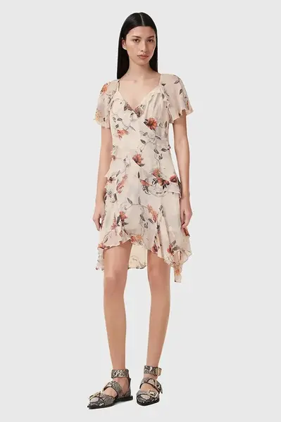 Šaty s příměsí hedvábí AllSaints DARMA béžová barva, mini, W018DC