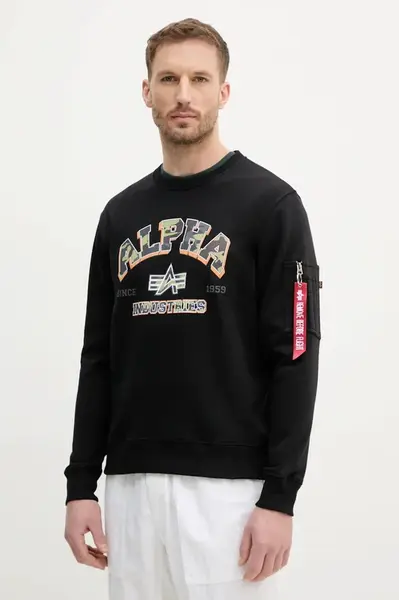 Mikina Alpha Industries College Camo Sweater pánská, černá barva, s potiskem, 146306