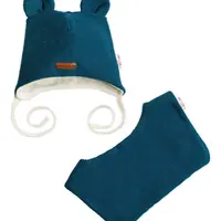 Baby Nellys Pletená čepice s bavlněnou podšívkou a šátkem 2v1, Teddy Hand made - petrolejová