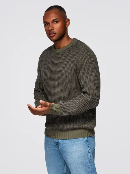 Ombre Men's contrast weave sweater with round neckline - dark olive