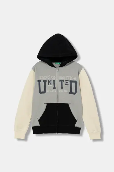 Dětská mikina United Colors of Benetton šedá barva, s kapucí, s potiskem, 3EB5C505L