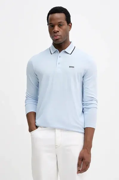 Bavlněné tričko s dlouhým rukávem BOSS Green Plisy tmavomodrá barva, 50536609