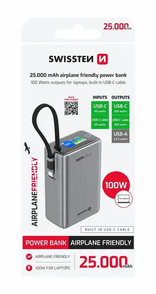 SWISSTEN POWER BANK CESTOVNÍ 25000 mAh (96.25Wh) 100W S INTEGROVANÝM KABELEM USB-C ŠEDÁ