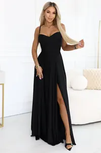 Dlouhé večerní šaty s ramínky a rozparkem - černé