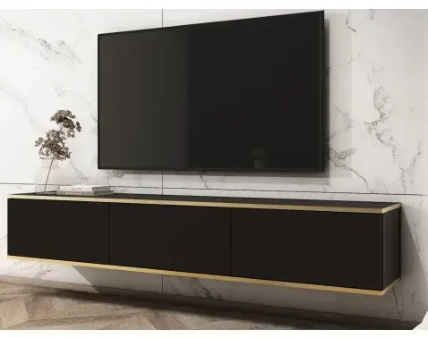 Závesná TV skrinka Orfeo, 175 cm, čierna / zlatá%