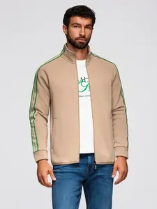 Ombre Men's unbuttoned sweatshirt with piping and high collar - brown
