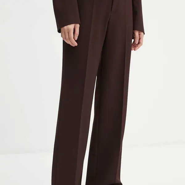 Kalhoty AERON dámské, hnědá barva, jednoduché, high waist, PFPA267511