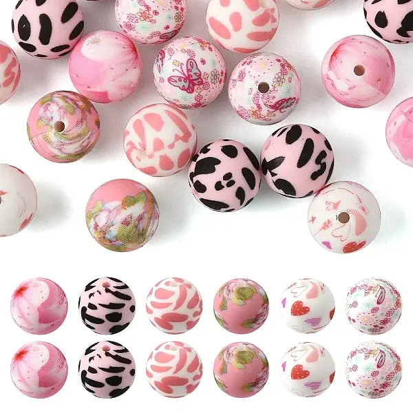 24Pcs 6 Styles Printed Round Silicone Focal Beads