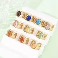 304 Stainless Steel with Glass Cat Eye Cuff Rings for Women