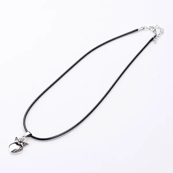 Antique Silver Alloy Heart Waxed Cord Pendant Necklaces