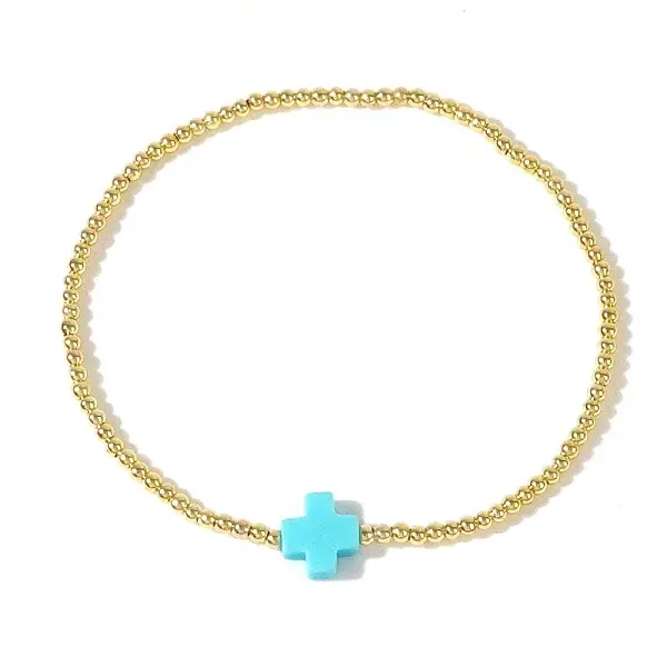 Cross Natural Gemstone & Brass Bead Stretch Bracelets for Women
