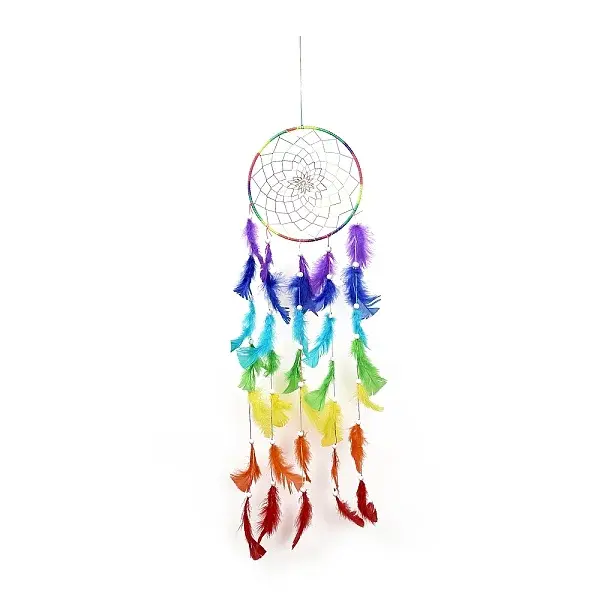 Chakra Theme Iron Woven Web/Net with Feather Pendant Decorations