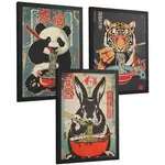 Nacnic PLAKAT Sada 3 Ramen Animals A4 Černý rám