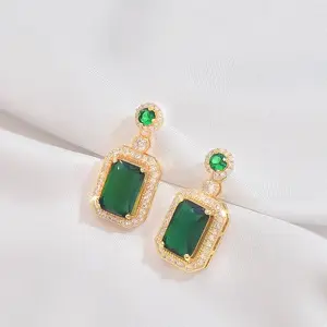 Brass Emerald Dangle Stud Earrings
