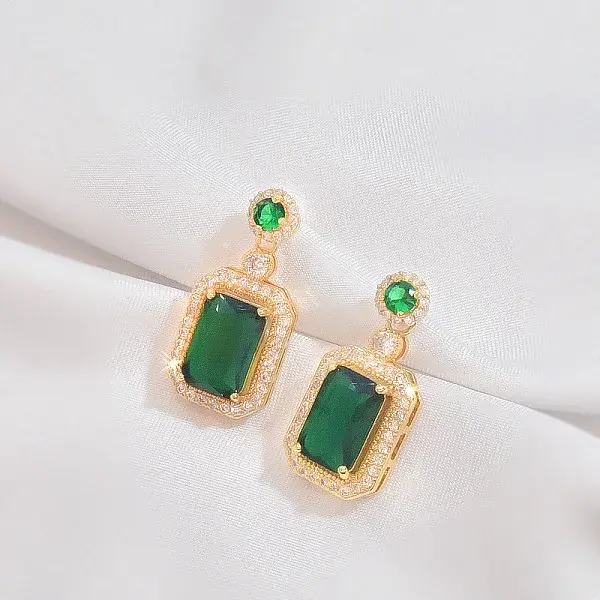 Brass Emerald Dangle Stud Earrings