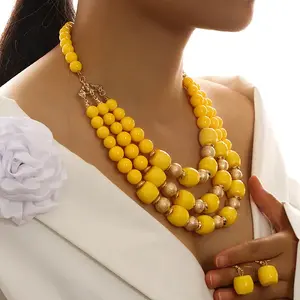 Alloy with Acrylic Barrel Beaded Multilayer Necklaces & Dangle Earrings Sets