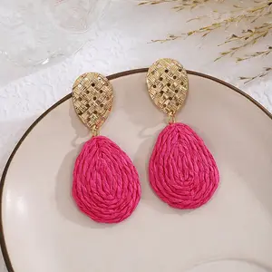 Bohemian Style Raffia & Iron Dangle Stud Earrings