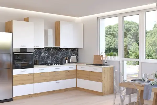 Rohová kuchyňská linka 275 x 140 cm Artisan 1 - Dub artisan + Bílý lesk