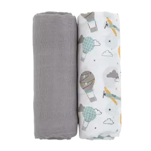 PETITE&MARS Přikrývka bambusová mušelínová Misty Grey Planes 2v1, 120 x 120 cm 2 ks