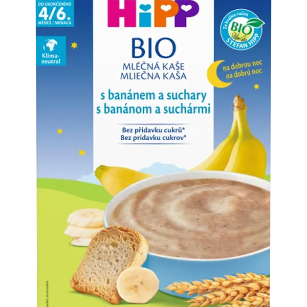 HIPP BIO Kaše mléčná na dobrou noc s banánem a suchary od uk. 4.-6. měsíce 250 g