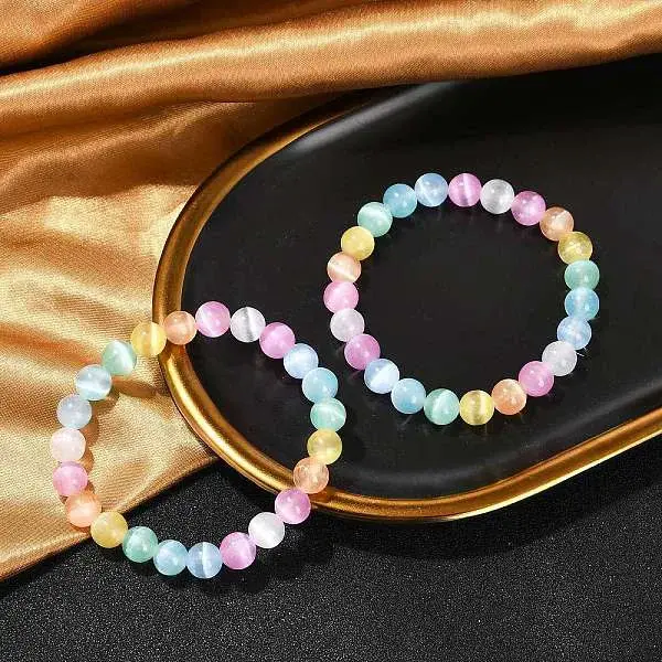 Dyed Natural Selenite Round Beaded Stretch Bracelets for Women