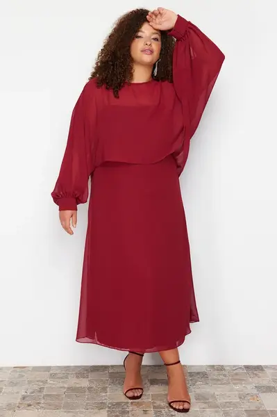 Trendyol Curve Burgundy Cape Detailed Chiffon Woven Plus Size Dress